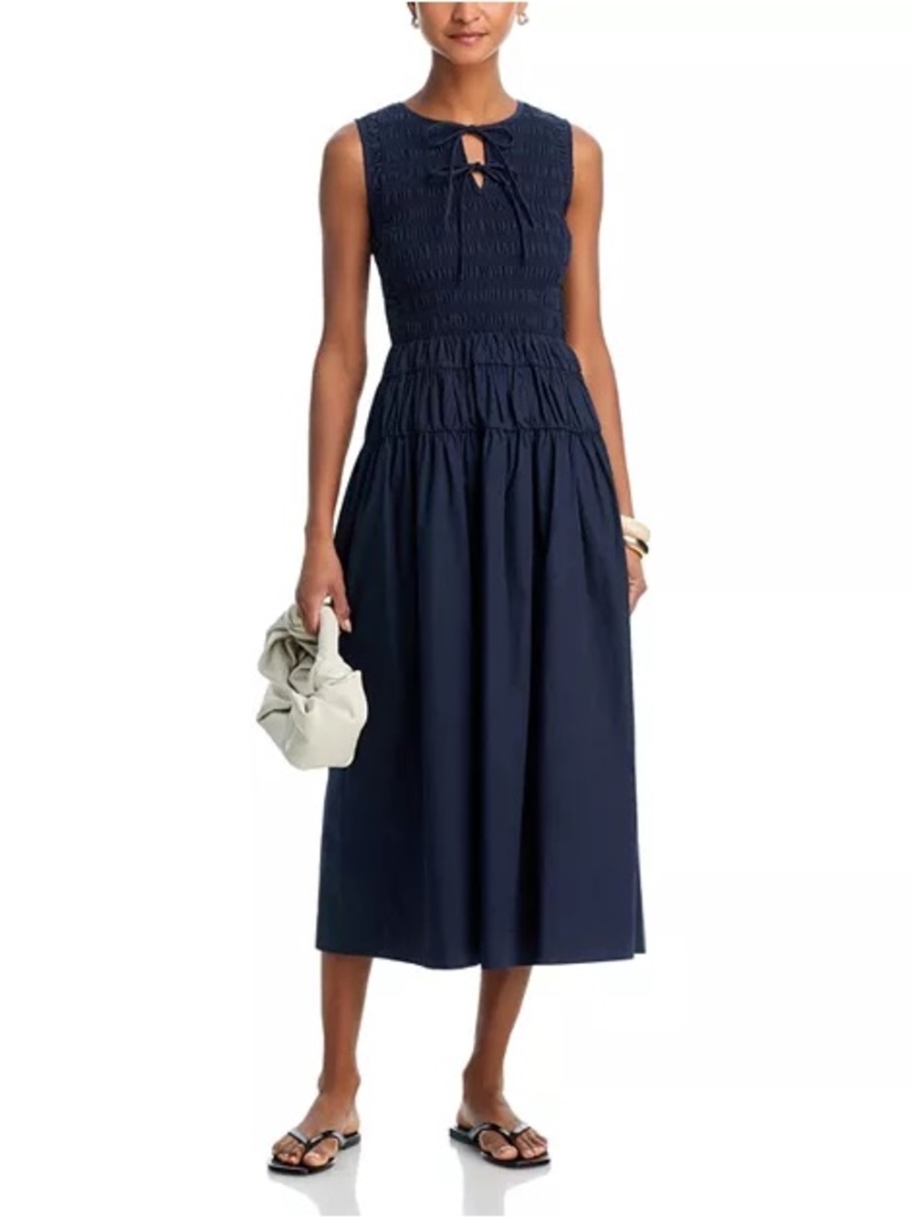Tuckernuck Moon River Tie-Front Smock Waist Navy Midi Dress - size xsmall - NWT